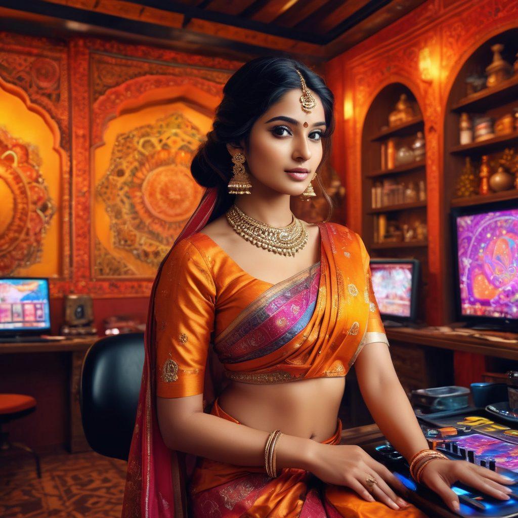 A captivating scene featuring vibrant Indian models dressed in colorful traditional attire, playfully engaging in a digital gaming environment filled with exotic spices and surreal visuals representing hentai elements. The background should blend traditional Indian patterns with modern gaming graphics, creating a fusion of cultures. Bright, warm colors to evoke a sense of fun and intrigue. super-realistic. vibrant colors. dynamic composition.